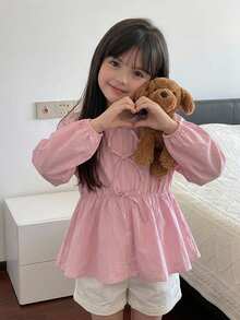 DAZY Round Neck Cute Bow Decor Cinched Waist Design Young Girls' Blouse Fall - Pink - View 4