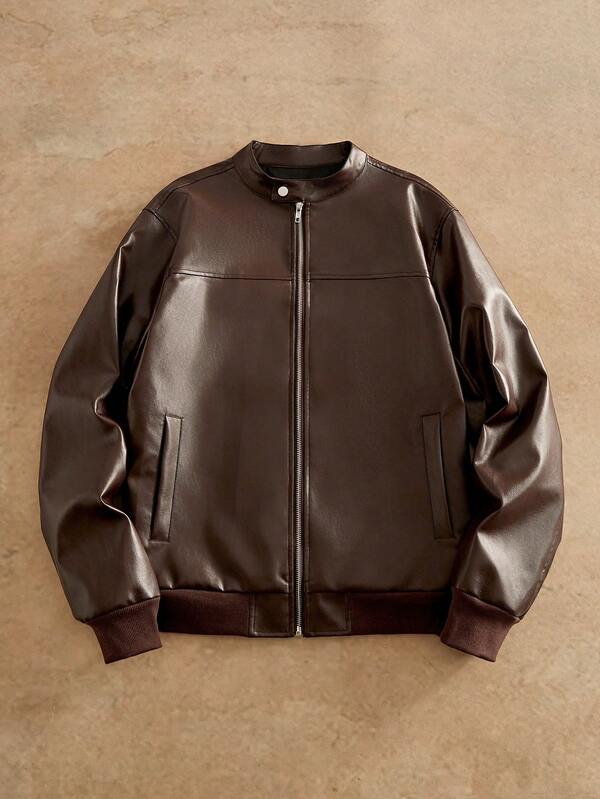 HIMLAND Mens Faux Leather Bomber Jacket Full Zipper Stand Collar Long Sleeve Coat
Casual Mens Brown Faux Leather Jacket With Ribbed Cuffs And Hemline