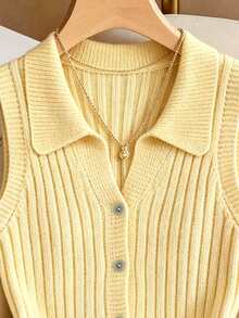SHEIN Franclia Top de punto elegante con cuello de solapa amarillo claro, multifuncional y de moda minimalista para mujer, suéter de punto sin mangas, top de verano amarillo, chaqueta de punto amarilla, camiseta de tirantes para mujer, top de tela de punto amarilla, top para mujer, top de punto para mujer, último top de punto para mujer, top de tirantes novedoso para mujer - Amarillo - Ver 3
