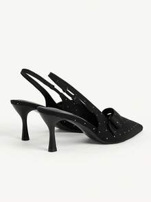 CUCCOO CHICEST Women Shoes Black Canvas Bow Pointed Toe Middle Heel Back Trip Band Women's Shoes Suitable For Daily Commuting Dating Slingback Shoes Fall Shoes - Black - View 5