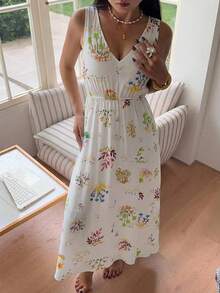 DAZY Floral Print V-Neck Waist-Cinching Long Dress, Summer Outfit Women's Nightgown - White - View 3