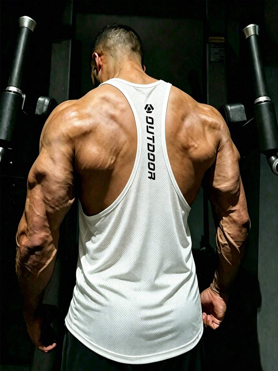 GymBeat 男士字母印花露背運動背心 - 白色 - 查看 1