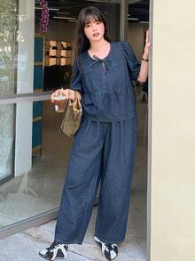 Dazy Plus Dark Washed Blue Puff Sleeve Loose Top & Casual Long Denim Pants Plus Size Women's Vacation Style Denim Set, Spring/Summer - Dark Wash - View 8