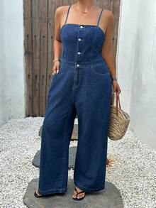 Dazy Plus Dark Wash Blue Stylish Western Denim Strapless Sleeveless Jumpsuit Spring Summer Vacation Style Casual Plus Size Women - Dark Wash - View 5
