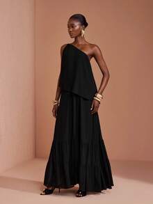 JIAN LASALA Black Chiffon One Shoulder Ruffle Hem Uneven Sleeveless Long Dress Party Vacation - Black - View 3