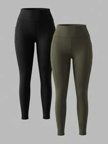 SHEIN Velisys 2件組基本款運動緊身褲，黑色＋軍綠色，適合健身與瑜珈 - 彩色 - 查看 3