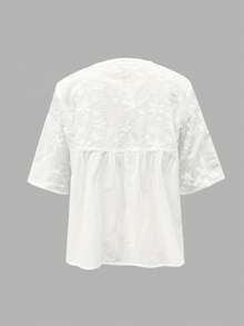 INAWLY Women's Floral Embroidery Round Neck Loose Half Sleeve Casual Blouse - White - View 2