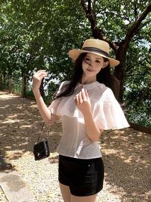 DAZY Women's Korean Style Solid Color Long Sleeve Blouse With Lapel And Ruffle Trim, Spring/Summer - White - View 2