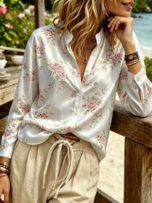SHEIN Holidaya Women's New Autumn/Winter Printed Small Stand Collar Long Sleeve Blouse, Vintage Chic, French Elegant, Suitable For Daily Commute And Vacation - White - View 6