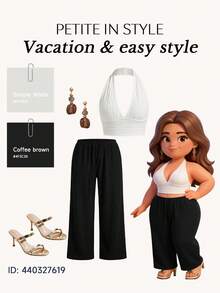 SHEIN PETITE CURVE Plus Size Women Solid Color Waist Tie Straight Leg Loose Fit Pants - Black - View 6