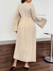 SHEIN LUNE Plus Size Casual Elegant Traditional Bell Sleeve Metal Decor Dress Autumn Formal Evening Tea Party Cocktail Wedding Guest Beige - Apricot - View 3