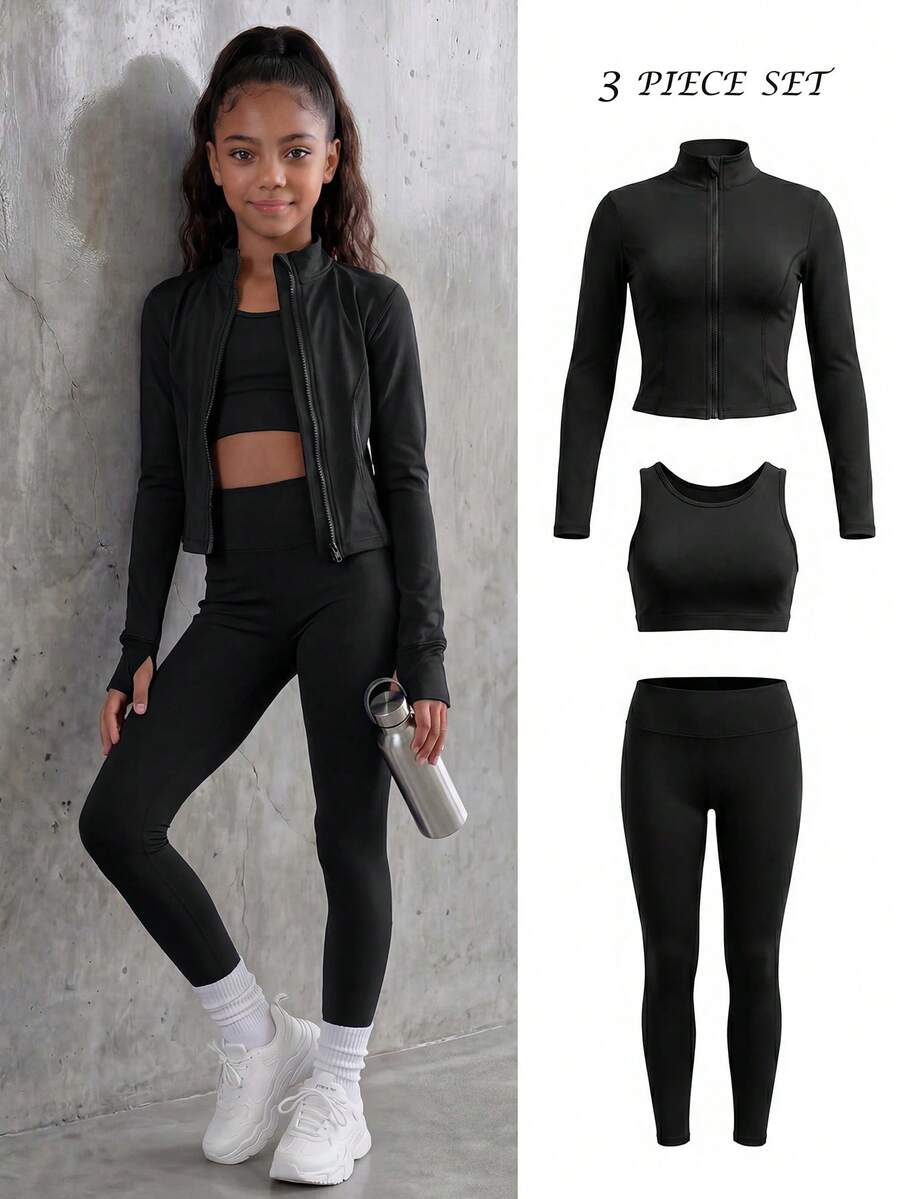 SHEIN مجموعة 3 قطع للفتيات المراهقات، ملابس سوداء، جاكيت رياضي + توب بدون أكمام + ليقنز، أسلوب خريفي جديد، قماش عالي المرونة، ملابس رياضية نشطة للخريف