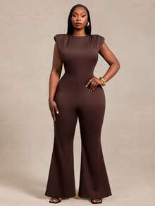 Radiana Curve Mono de mujer talla grande para otoño/invierno, sexy y elegante, con hombros acolchados, ajuste ceñido y pierna acampanada, adecuado para ir al trabajo, reuniones, fiestas y oficina - Marrón - Ver 8