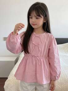 DAZY Round Neck Cute Bow Decor Cinched Waist Design Young Girls' Blouse Fall - Pink - View 1