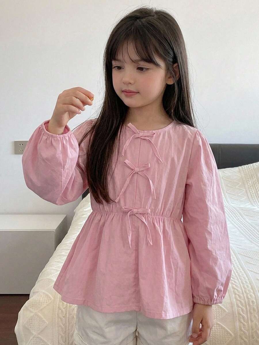 DAZY Round Neck Cute Bow Decor Cinched Waist Design Young Girls' Blouse Fall - Pink - View 1
