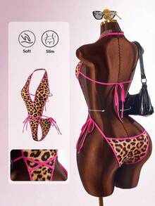 Amplova Sexy Bandage Vacation Colorblock Pink Leopard Print Deep V-Neck Sleeveless Tie Strap Women's Mini Bodysuit Night Out Party Summer - Khaki - View 1