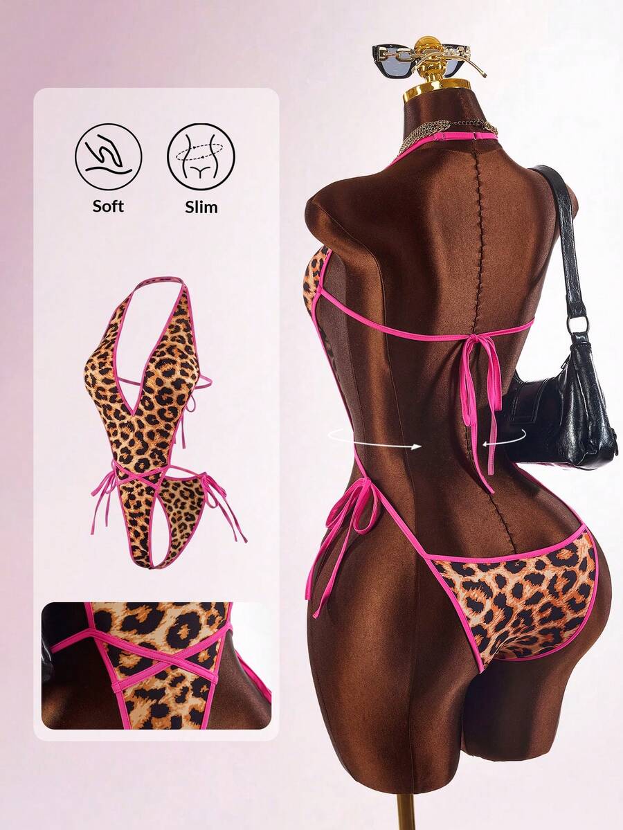 Amplova Sexy Bandage Vacation Colorblock Pink Leopard Print Deep V-Neck Sleeveless Tie Strap Women's Mini Bodysuit Night Out Party Summer - Khaki - View 1