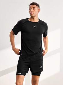 Driftmere 2pcs Men's Short Sleeve Top And Drawstring Shorts Two Pieces Sport Suit, Fitness Outdoor Casual Workout Set Gym Compression Sports Black - Black - View 3