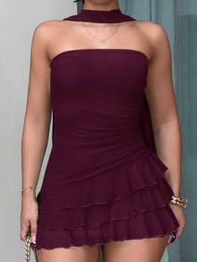 leahseptember Women's Solid Color Casual Mini Tube Dress For Party & Outing,Dresses For Women Summer Elegant - Maroon - View 3