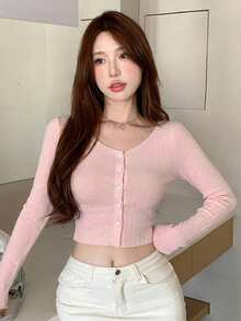 DAZY 春/夏女款紋理條紋粉色長袖T恤，附情人節愛心鈕扣裝飾 - 粉色 - 查看 4