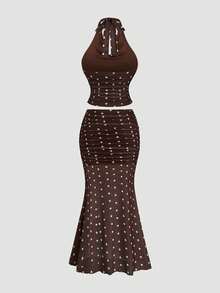 Sweetra Damen 2-teiliges Set: Spaghettiträger-Cowl-Neck-Pullover-Camisole-Top & figurbetonter Rock mit Polka-Dot-Blumenmuster und Meerjungfrauen-Saum, eleganter Vintage-Urlaubsstil - Kaffeebraun - Übersicht 3
