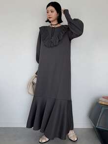 FRIFUL Women's Solid Color Ruffle Long Dress Brunch Dark Grey Autumn Elegant Casual French Everyday Day Time Everyday Day Time - Grey - View 5