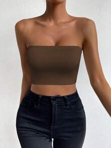 Allurite Blusa de mujer sin mangas ni tirantes en unicolor para verano - Café integral - Ver 3