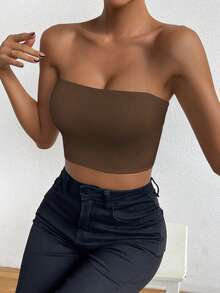 Allurite Blusa de mujer sin mangas ni tirantes en unicolor para verano - Café integral - Ver 5