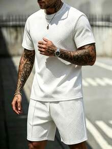 EGENSIO Men's Comfortable Crew Neck Short Sleeve T-Shirt Set, With Drawstring Elastic Waist Design, Jacquard Fabric, Suitable For Vacation, Party, Gathering - White - View 4