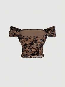 SHEIN MOD Plus Size Autumn/Winter Flocked Print Short Top, Vintage Court Style, Retro Casual Daily Wear, Holiday - Coffee Brown - View 4