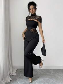 SHEIN Elenzya Women's Contrast Lace Stand Collar Elegant Wide Leg Jumpsuit - Black - View 3