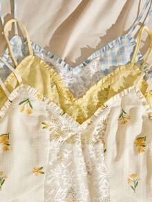 Lullawish 3pcs Bohemian Vacation Style Floral & Plaid Print Contrast Solid Color Lace Trim Camisole Sleepwear Tops For Women - Multicolor - View 4