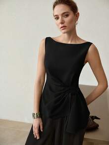 MOTF PREMIUM Blusa elegante sin mangas con dobladillo asimétrico - Negro - Ver 4