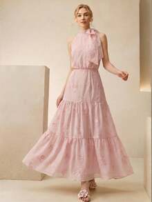 Anewsta 春夏優雅重工刺繡設計高端綁帶細節女款洋裝 - 粉色 - 查看 6
