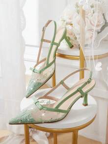 CUCCOO HITCHD French Lace Pointed Toe Slingback High Heels 2026 Spring And Summer New Bow Kitten Heel Sandals Women - Light green - View 1