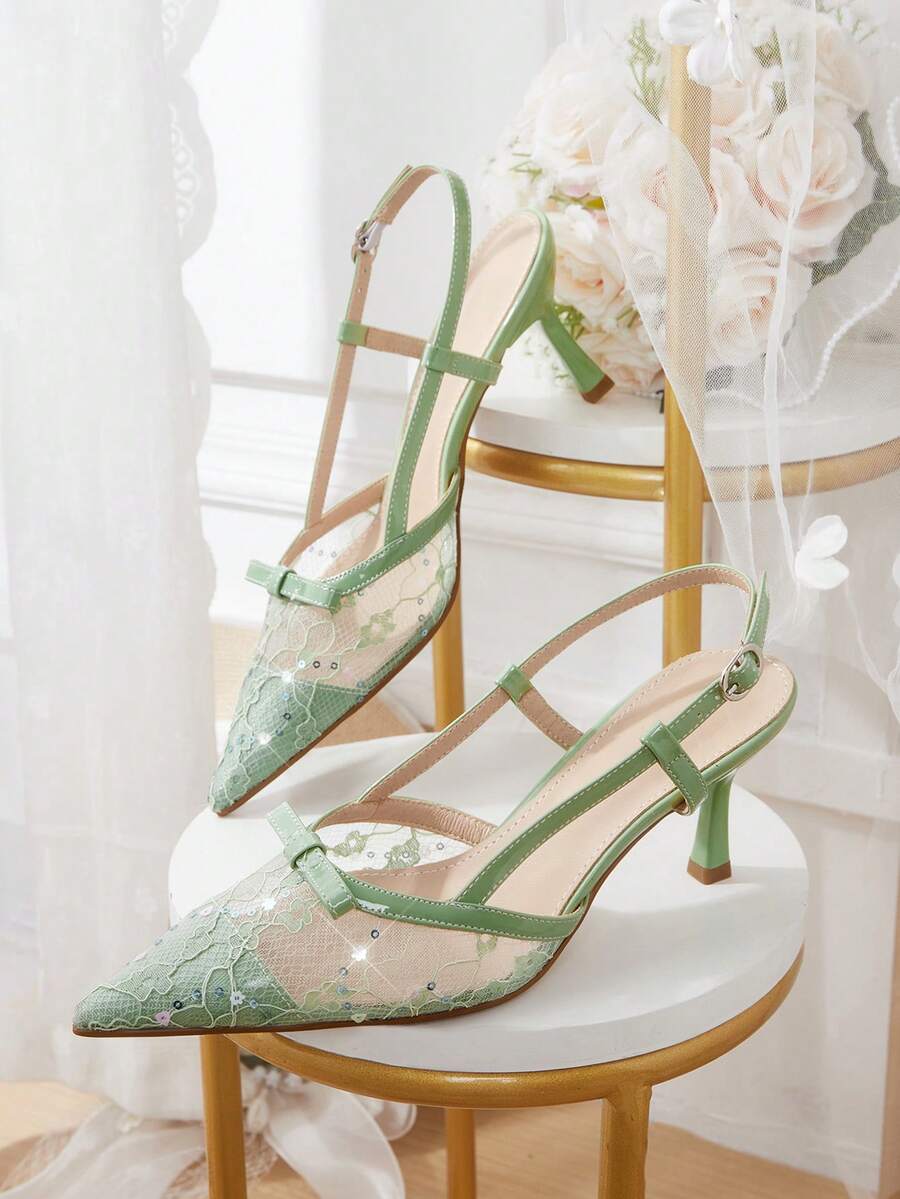 CUCCOO HITCHD French Lace Pointed Toe Slingback High Heels 2026 Spring And Summer New Bow Kitten Heel Sandals Women - Light green - View 1