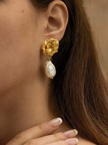 Opalesca 1 Pair Fashionable & Unique Pearl Decorated Earrings For Women, Versatile,Outfits,Old Money,Wedding/Bridal Accessories,Western Jewelry,Fairycore/Fairy,Pearl,Fall/Autumn/Winter,For Mom/Women/Girl/Mother,Elegant - Gold - View 4