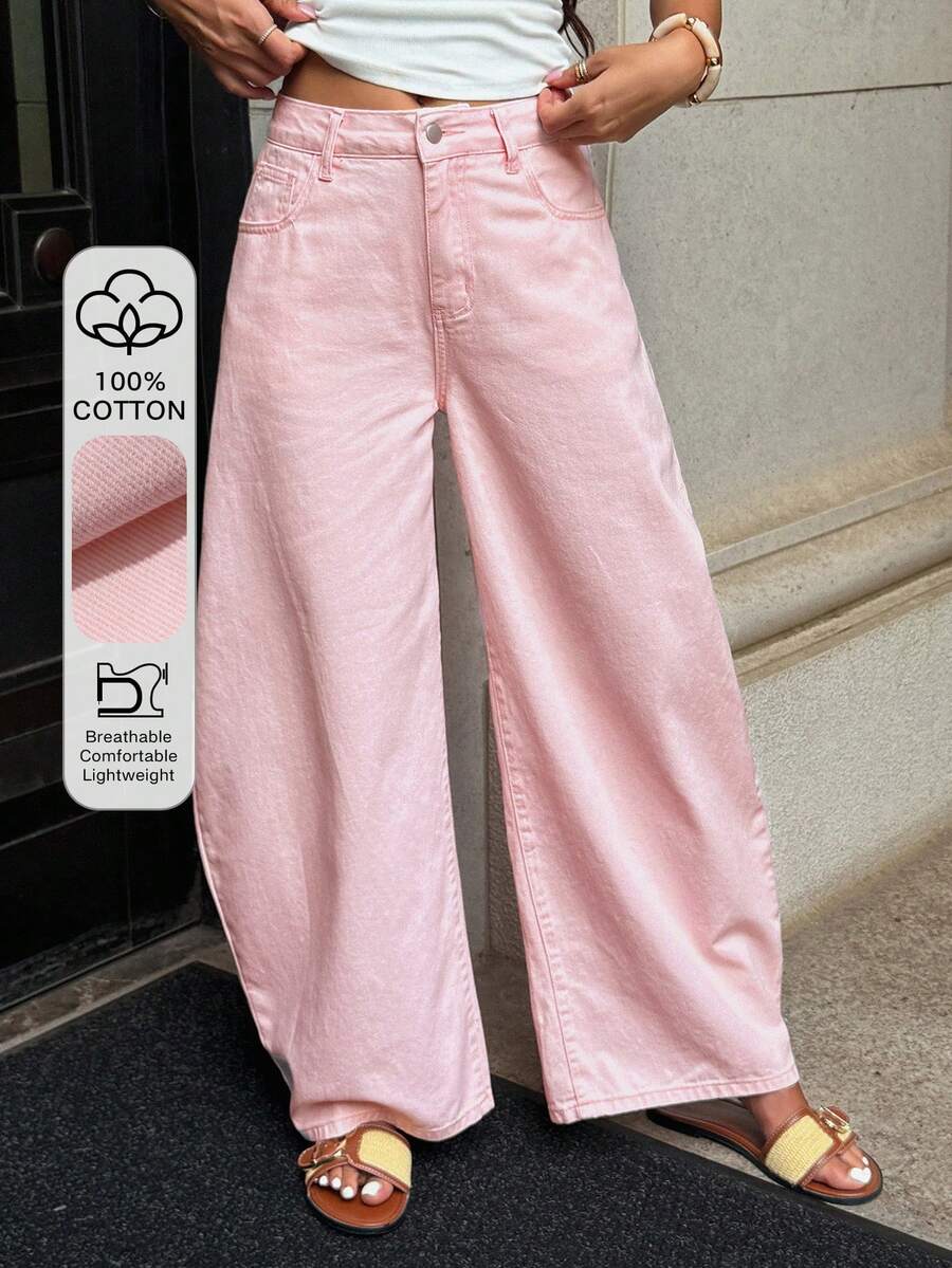 DAZY Jeans rectos de pierna ancha con estilo callejero vintage holgado, lavados y desgastados para mujeres - Rosa - Ver 1
