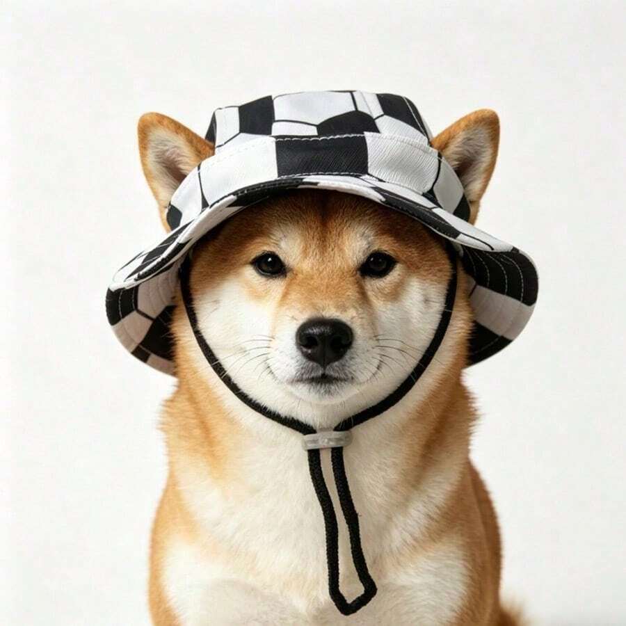 1pc Football Printed Pet Sun Hat For Dogs And Cats, Adjustable Breathable Bucket Hat With Chin Strap, UV Protection Hat For Small And Medium Pets Outdoor Use - Black and White - View 1