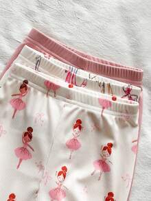 SHEIN Vintaside Kids 女嬰女童春秋多件套裝圓領長袖簡約休閒日常針織羅紋數位印花與素色上衣搭配休閒簡約時尚長褲套裝，適合日常居家休閒戶外公園散步露營度假穿著 - 彩色 - 查看 9