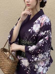 Irokai 女款花卉印花休閒日常居家浴袍 - 紫色 - 查看 6