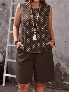 EMERY ROSE Vintage Brown Polka Dot Print Plus Size Women's Tank Top & Shorts 2-Piece Set, Suitable For Summer - Multicolor - View 1