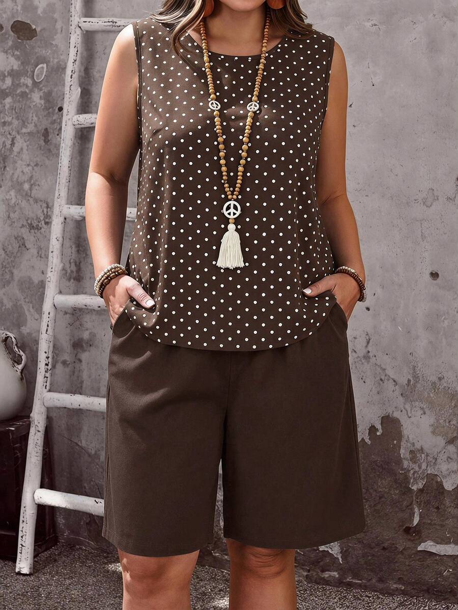 EMERY ROSE Vintage Brown Polka Dot Print Plus Size Women's Tank Top & Shorts 2-Piece Set, Suitable For Summer - Multicolor - View 1