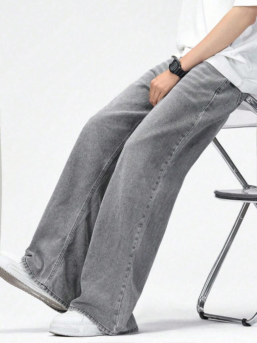 SHEIN Genkimix Kids 男士复古水洗宽松直筒休闲牛仔裤,四季百搭 - 淺灰色 - 查看 1