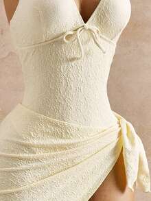 Bellisia 2026 Spring/Summer New Yellow Solid Color Textured Fabric Tie Decor Women's One-Piece Two Pieces Set Sexy Casual Style Rock Y2K Beach Outfit Beach - Pale Yellow - View 3