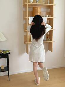 SHEIN Teen Girls Round Neck Contrast Color Ruffle Bow Long Sleeve Nightgown - White - View 4