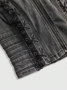 ROMWE Grunge Punk Summer Punk Hot Girl Western Vintage Distressed Lace-Up Fitted Denim Top - Grey - View 3