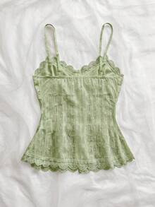 Soleia 新款女款綠色蕾絲拼接鈕扣設計夏季細肩帶背心，適合派對、約會、情人節、復活節、嘉年華、下午茶、海灘、郵輪度假、城市街頭度假、波西米亞風、浪漫花卉、度假、花卉 - 綠色 - View 2