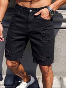 Manfinity Homme Men's Spring/Summer Streetwear Casual Distressed Ripped Straight Leg White Denim Shorts - Black - View 5
