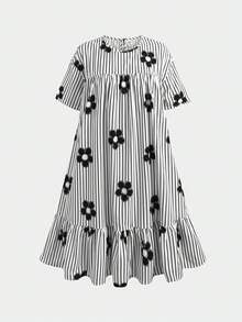 SHEIN 青少年女孩、兒童花卉條紋圓領短袖寬鬆A字休閒短袖洋裝，返校季、畢業典禮 - 黑與白 - 查看 6